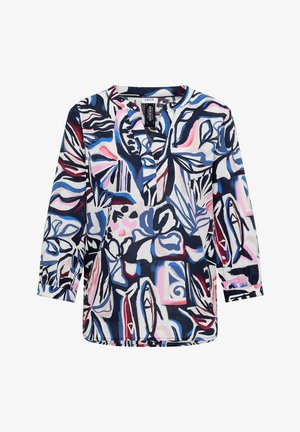 Bluzka z długim rękawem, okrągłym dekoltem, rozcięciem z przodu oraz abstrakcyjnym kwiatowo-liściastym wzorem w kolorach niebieskim, różowym, czarnym i białym.