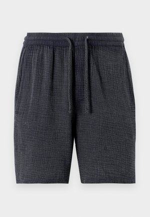 Dunkelgraue Shorts aus strukturiertem Stoff, mit elastischem Taillenbund und Kordelzug sowie seitlichen Taschen.