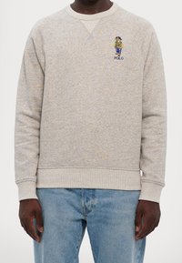 Gray cotton sweatshirt with ribbed cuffs and hem, featuring colorful embroidered design on chest. Paired with light blue denim jeans.
