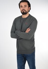 Grijze katoenen sweatshirt met ronde hals en geribde manchetten, voorzien van een klein rood logo op de borst. G gedragen met blauwe jeans.
