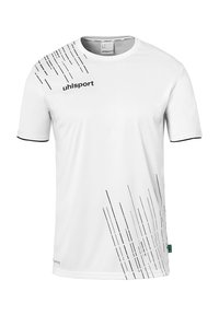 T-shirt de sport blanc en tissu lisse, avec des motifs linéaires noirs d'un côté et un col noir. Logo de la marque sur le devant.