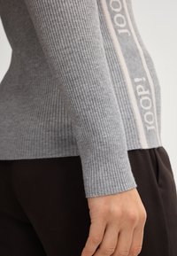 Grijze geribde trui met lange mouwen, voorzien van een contrasterende verticale logo-stripe in lichtgrijs aan de zijkant. Zachte textuur en slim-fit ontwerp.