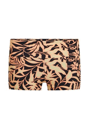 Zwarte zwembroek met een tropisch bladpatroon in perzik. Gladde textuur, nauwsluitend ontwerp, korte lengte, ideaal voor wateractiviteiten.