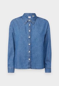 Chemise en denim à boutons avec manches longues et col pointu, vue de face sur fond blanc.