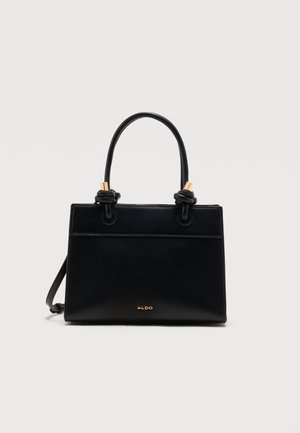 Juoda Aldo oda rankinė su dvigubomis išlenktomis rankenomis ir auksiniais akcentais ant paprasto šviesaus fono.