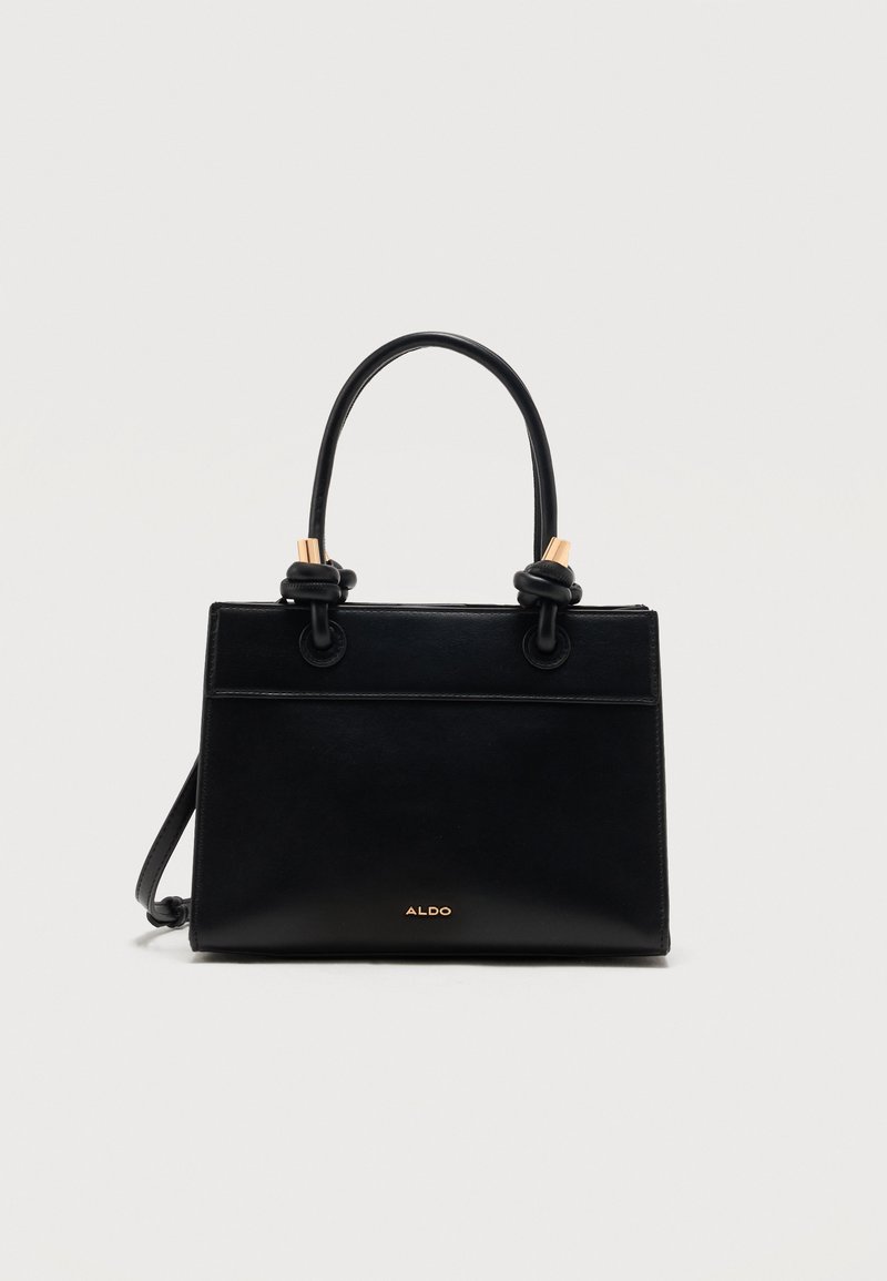 Sac à main en cuir noir Aldo avec poignées doubles incurvées et accents dorés sur un fond clair uni.