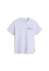 Camiseta corta de manga morada clara hecha de algodón. Presenta un gráfico del logotipo "Vans" en morado más oscuro en el lado izquierdo del pecho. Diseño clásico de cuello redondo.