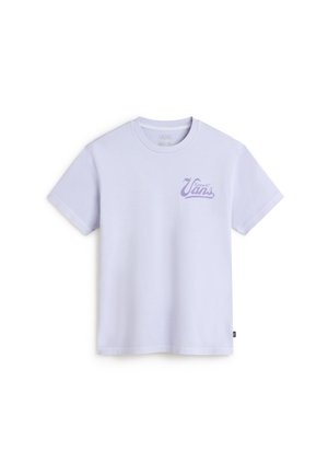 Hellblaues, kurzärmliges T-Shirt aus Baumwolle. Mit einem grafischen "Vans"-Logo in dunklerem Lila auf der linken Brust. Klassisches Rundhalsdesign.