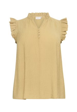 Blusa a maniche corte in tessuto giallo chiaro stropicciato. Caratterizzata da un colletto e polsini arricciati, con un'apertura frontale a bottoni.