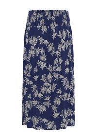 Jupe bleu marine avec motif de feuilles blanches, taille élastique, longueur genoux, tissu léger et plis subtils pour plus de mouvement.