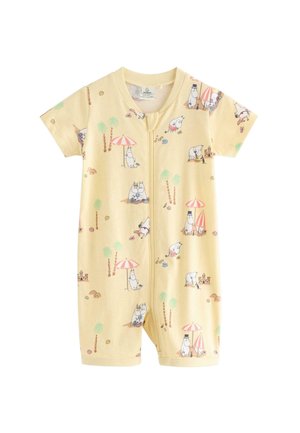 Lysegul babyheldragt med lynlås foran, dekoreret med tegneserieflodheste på stranden, palmer, parasoller og sandslotte.