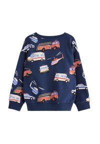 Felpa blu con motivo di vari veicoli di emergenza, inclusi camion dei pompieri, ambulanze ed elicotteri, con polsini a coste.