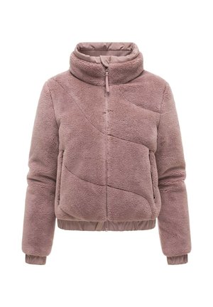 Mauve fleece jacket with high collar, front zipper, side pockets, quilted pattern, and elastic cuffs and hem.