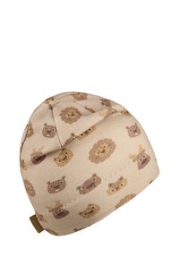 Beanie made of soft beige fabric, featuring a repeated pattern of animal faces in brown tones, with a small brown tag at the base.