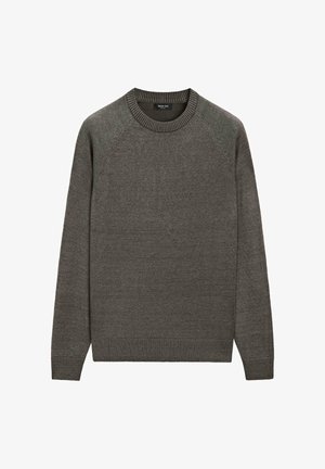 Heren trui met lange mouwen en ronde hals in donker olijfgroen gebreide stof met geribde mouwen, zoom en halslijn.