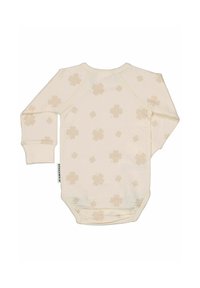 Långärmad bodysuit i krämfärg med ljusbeige blommönster, tillverkad av mjukt tyg, med raglanärmar och tryckknappsstängning i botten.