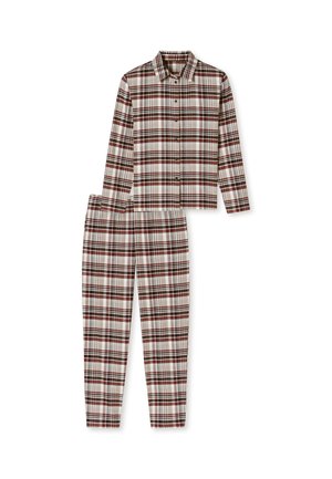 Geruite lounge-set bestaande uit een overhemd met lange mouwen en bijpassende broek. Materialen in bruin, crème en diep rood.