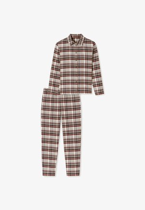 Set di abbigliamento da casa a quadri composto da una camicia con bottoni e maniche lunghe e pantaloni abbinati. Materiali in tonalità marrone, crema e rosso scuro.