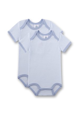 Zwei Kurzarm-Babybodys mit hellblauen und weißen Streifen sowie blauen Abschlüssen an Ausschnitt, Ärmeln und Beinöffnungen.