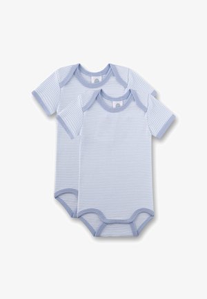 Zwei Kurzarm-Babybodys mit hellblauen und weißen Streifen sowie blauen Abschlüssen an Ausschnitt, Ärmeln und Beinöffnungen.