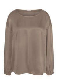 Lässige, langärmelige Bluse in Taupe mit rundem Ausschnitt, elastischen Bündchen und einer Mittelnaht für zusätzliche Details. Glatte Textur.