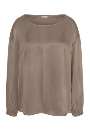 Lässige, langärmelige Bluse in Taupe mit rundem Ausschnitt, elastischen Bündchen und einer Mittelnaht für zusätzliche Details. Glatte Textur.