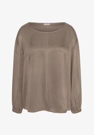 Lässige, langärmelige Bluse in Taupe mit rundem Ausschnitt, elastischen Bündchen und einer Mittelnaht für zusätzliche Details. Glatte Textur.