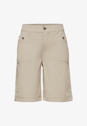 Beige knielange Shorts mit knöpfbaren Fronttaschen, Gürtelschlaufen und Knopfverschluss in der Taille, auf weißem Hintergrund dargestellt.