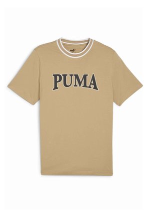 T-shirt beige a maniche corte con scollatura rotonda, dotata di un colletto bianco a contrasto e del logo "PUMA" nero sul petto. Materiale in cotone morbido.