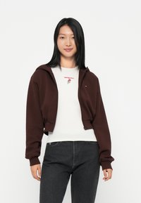 Brown cropped hoodie made of soft fabric, featuring a front zipper and hood. Worn over a light grey t-shirt with red text and rose graphic.