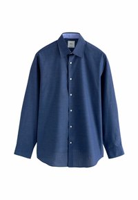 Camicia a maniche lunghe di un blu scuro, realizzata in tessuto misto cotone. Presenta un colletto standard e sei bottoni sulla parte anteriore.