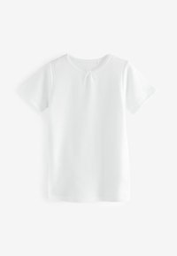 Weißes Kurzarm-T-Shirt aus geripptem Stoff, mit rundem Halsauschnitt und einem kleinen Schleifendetail auf der Vorderseite.