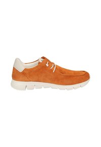 Lässige Wildlederschuhe in Orange mit einer weißen Gummisohle. Sie verfügen über eine abgerundete Spitze, ein minimalistisches Schnürdesign und einen glatten Ferseneinsatz.