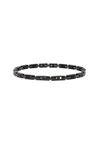 Pulsera de cadena de metal negro con eslabones rectangulares y recortes. Textura suave y diseño uniforme, que muestra una estética moderna y elegante.