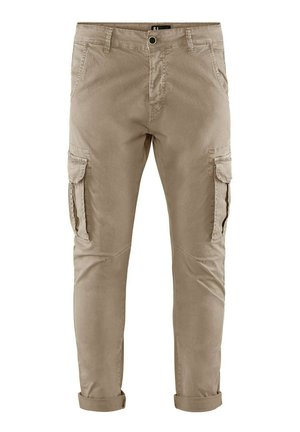 Pantaloni cargo beige con orli arrotolati, realizzati in un materiale morbido, dotati di tasche cargo laterali, chiusura con zip e bottone e dettagli di cucitura discreti.