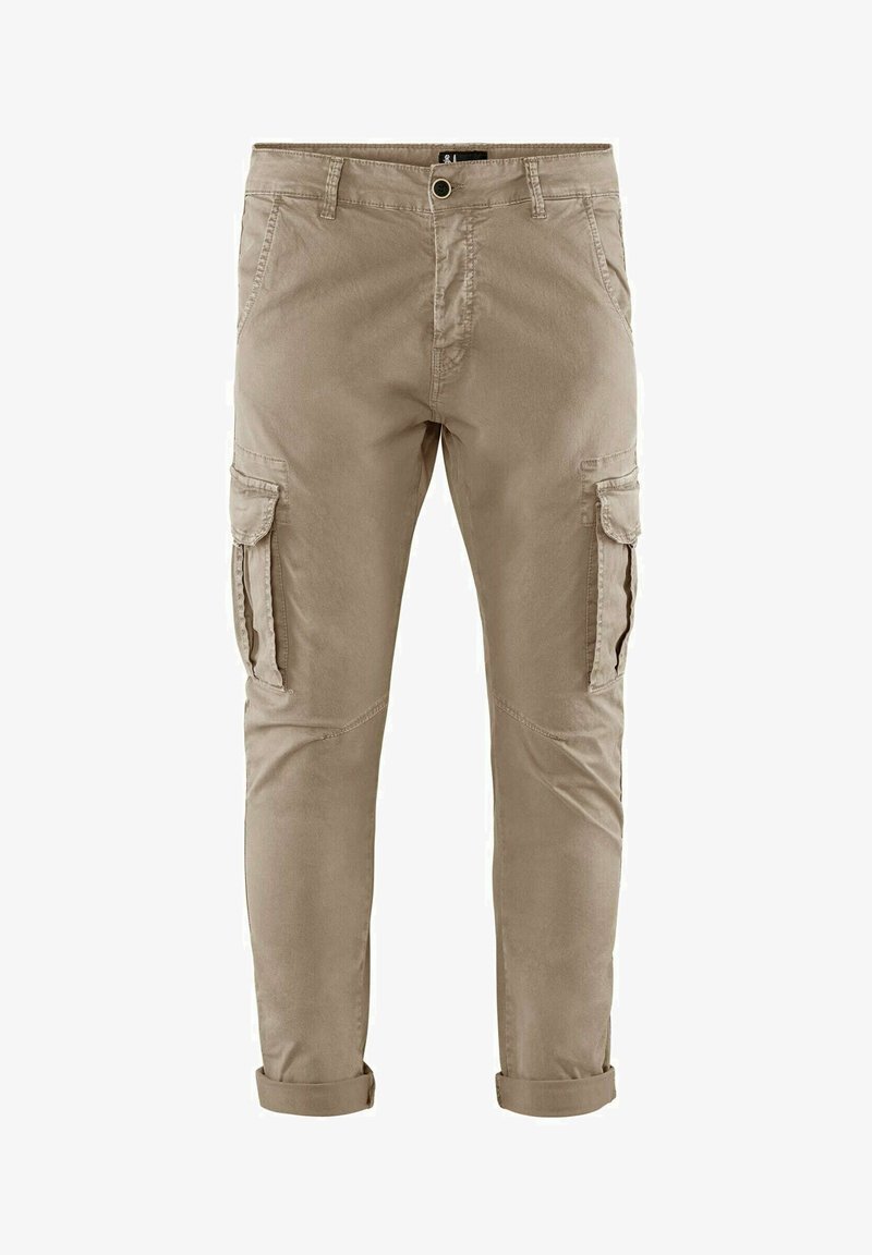Beige Cargo-Hosen mit hochgekrempelten Säumen, aus einem weichen Material, mit seitlichen Cargo-Taschen, einem Reißverschluss und Knopfverschluss sowie dezenten Steppdetails.