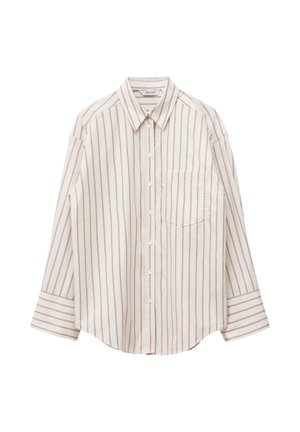 Ilgas kreminės spalvos marškiniai su vertikaliomis rudos spalvos juostelėmis, su sagutėmis priekyje, smailiu apykakliu ir kišene kairėje krūtinės pusėje.