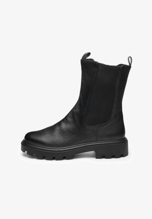 Sort læderankelstøvle med elastiske sidepaneler, trækflige øverst og tyk slidbane for robust greb og holdbarhed.
