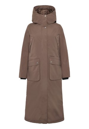 Brauner, langer, isolierter Mantel mit Kapuze, zwei großen vorderen Taschen, Druckknöpfen und einem eleganten, wasserdichten Außenmaterial.