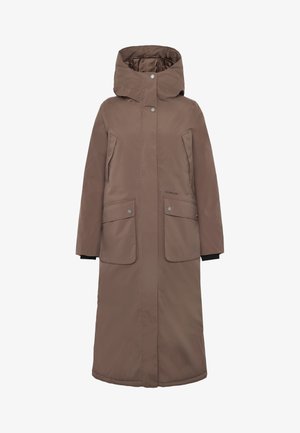 Brauner, langer, isolierter Mantel mit Kapuze, zwei großen vorderen Taschen, Druckknöpfen und einem eleganten, wasserdichten Außenmaterial.