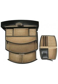 Boîte à bijoux noire avec un couvercle courbé, comprenant plusieurs compartiments et un organiseur amovible en tissu beige. Texture lisse et design moderne.