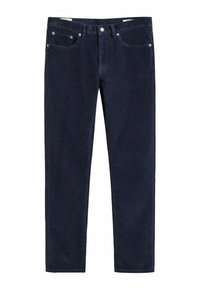 Donker marineblauwe corduroy broek met een rechte pootontwerp. Beschikt over vijf zakken, metalen hardware en zichtbare stikseldetails.