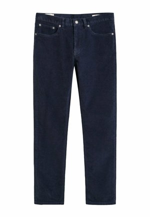 Donker marineblauwe corduroy broek met een rechte pootontwerp. Beschikt over vijf zakken, metalen hardware en zichtbare stikseldetails.
