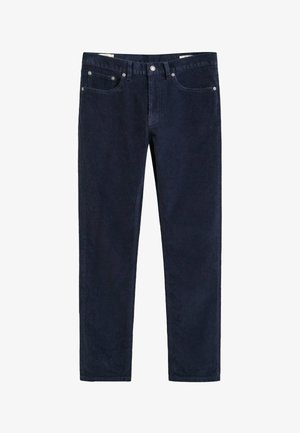 Pantaloni in corduroy blu navy scuro con design a gamba dritta. Presentano cinque tasche, componenti metallici e dettagli di cucitura a vista.