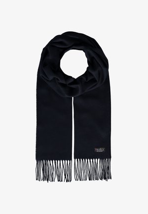 Écharpe bleu marine en tissu doux, avec des extrémités à franges et une petite étiquette de logo. Texture lisse avec une forme rectangulaire classique.