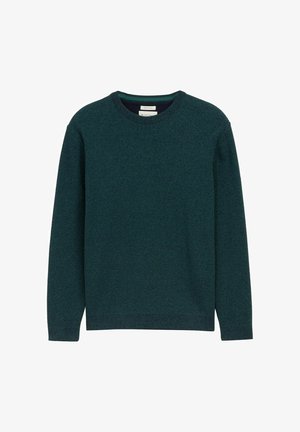 Tummanvihreä neulepusero, jossa on pyöreä pääntie, pitkät hihat ja teksturoitu kuosi. Ominaisuuksiin kuuluu hieman väljä istuvuus ja ribbireunat.