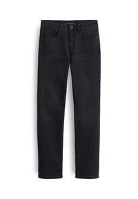 Jeans in denim nero con un design a gamba dritta, stile a cinque tasche e chiusura con bottone. Il tessuto ha una consistenza liscia e non decorata.