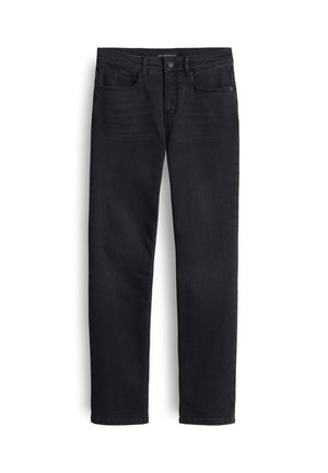 Jeans en denim noir avec une coupe droite, un design à cinq poches et une fermeture à bouton. Le tissu présente une texture lisse et sans embellissement.
