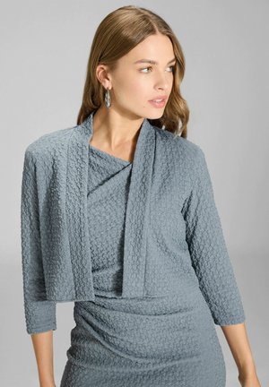 Kobieta o jasnobrązowych włosach, ubrana w teksturowaną, jasnoniebieską, krótką kurtkę i pasującą sukienkę, patrząca w prawo na szarym tle.