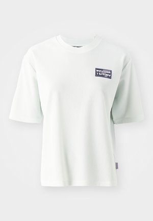 Light green mesh t-shirt with short sleeves, round neckline, and a rectangular logo on the left side. Soft texture with breathable design.